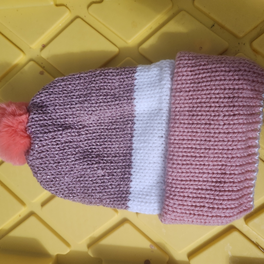 New! Hand Knitted Orange and White Knit Pom-Pom Beanie